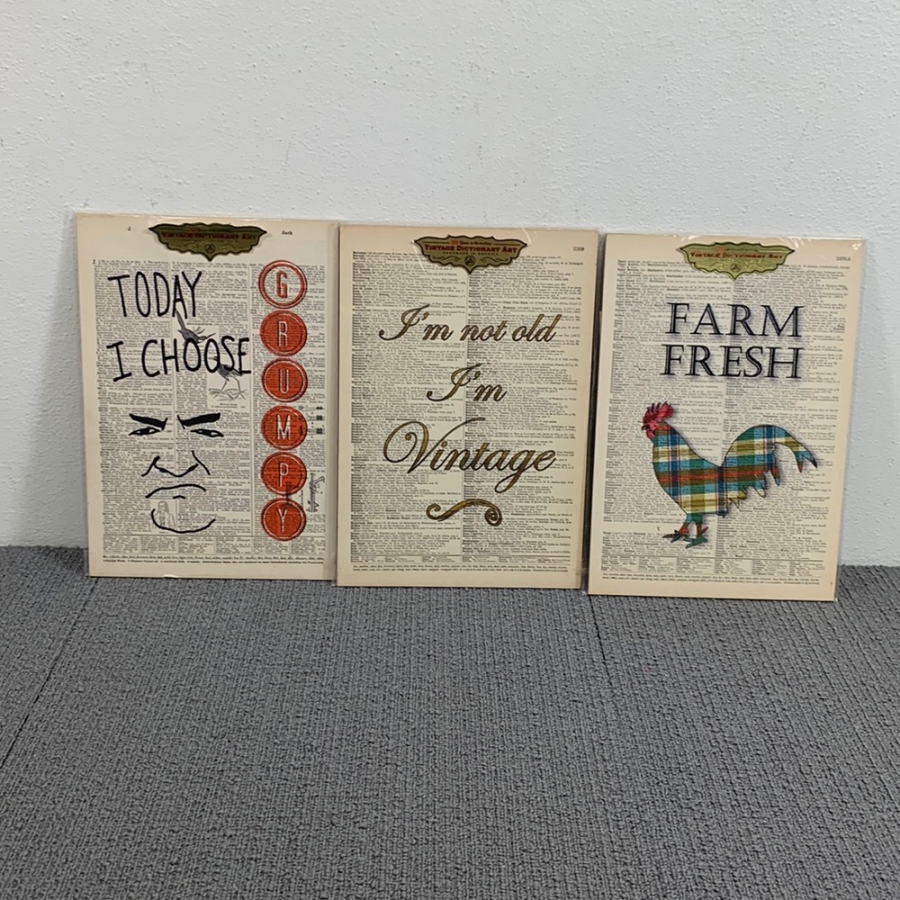 Lot of 3 Vintage Dictionary Art with Easel Back Handmade In America With COA New